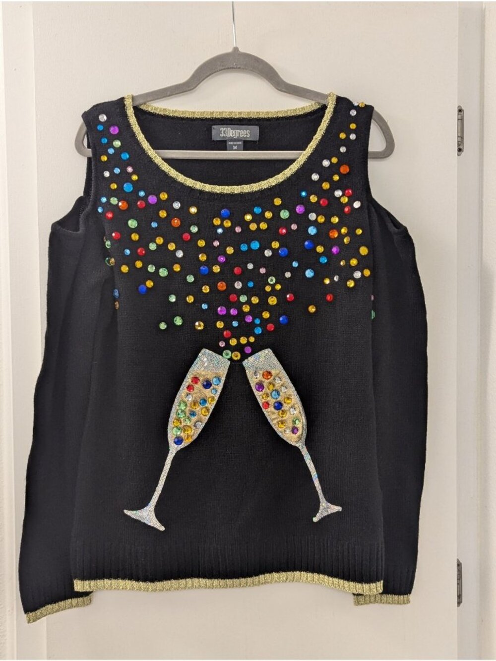 Black Cold Shoulder Ugly Christmas Sweater With Rhinestone Champagne Glasses And